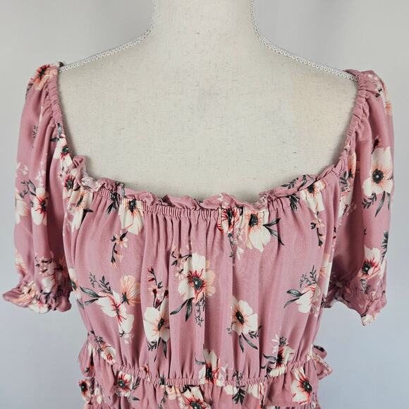 Lily Rose Pink Floral Square Neck Short Sleeve Blouson Peasant Midi Dress 1X - Picture 3 of 9